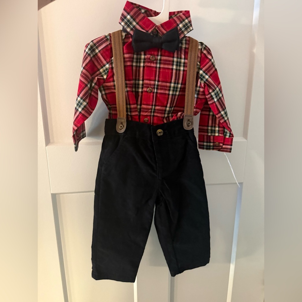 Carter's Red Plaid Shirt with Black Pants, Brown Suspenders & Black Bow Tie